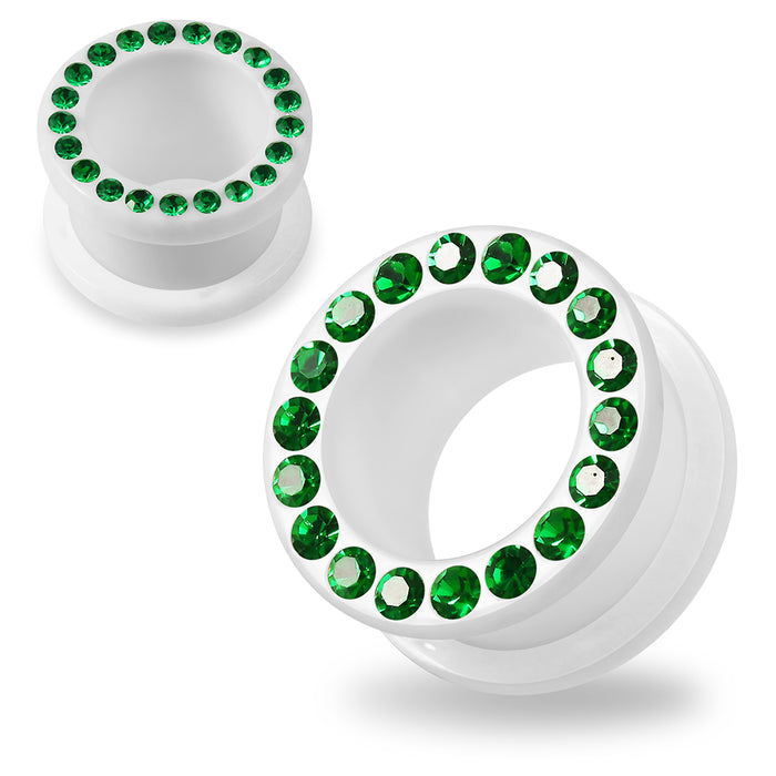 Multi Dark Green Crystal Stone on White UV Acrylic Ear Flesh Tunnel