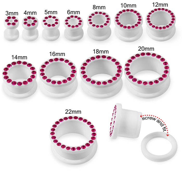 Multi Fuchsia Crystal Stone on White UV Acrylic Ear Flesh Tunnel