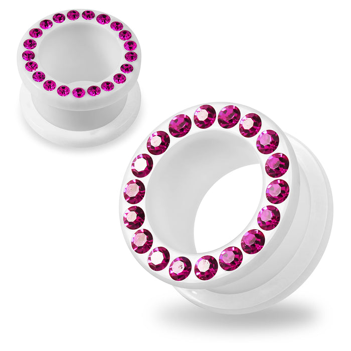 Multi Fuchsia Crystal Stone on White UV Acrylic Ear Flesh Tunnel