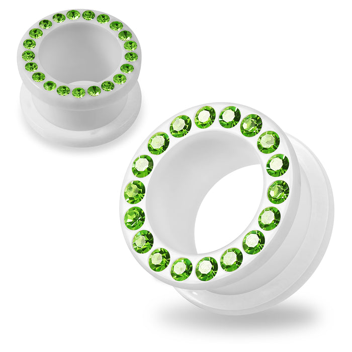 Multi Light Green Crystal Stone on White UV Acrylic Ear Flesh Tunnel