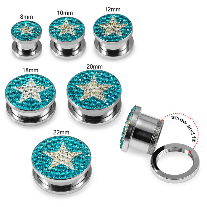 316L surgical steel Clear Star on Blue Zircon Background CZ Jewelled Tunnel