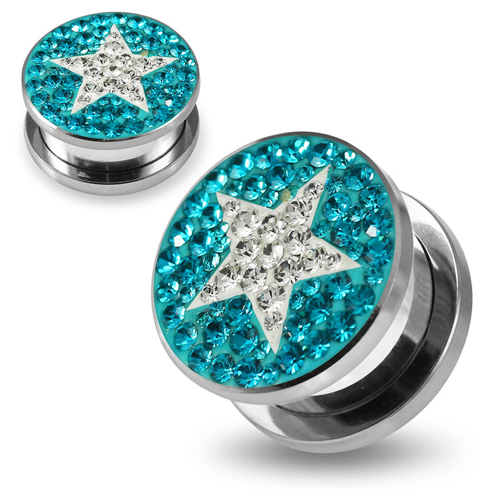 316L surgical steel Clear Star on Blue Zircon Background CZ Jewelled Tunnel