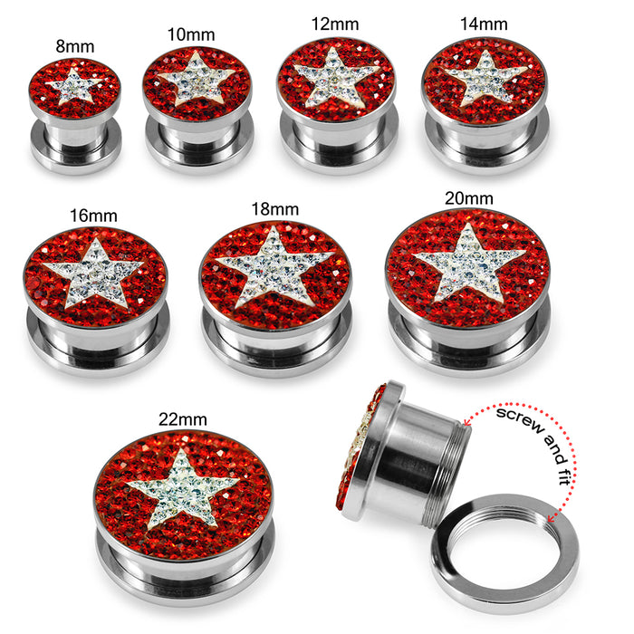 316L surgical steel Clear Star on Red Background CZ Jewelled Tunnel