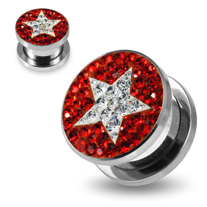 316L surgical steel Clear Star on Red Background CZ Jewelled Tunnel