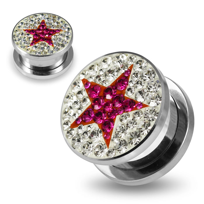 316L surgical steel Fuchsia Star on Clear Background CZ Jewelled Tunnel