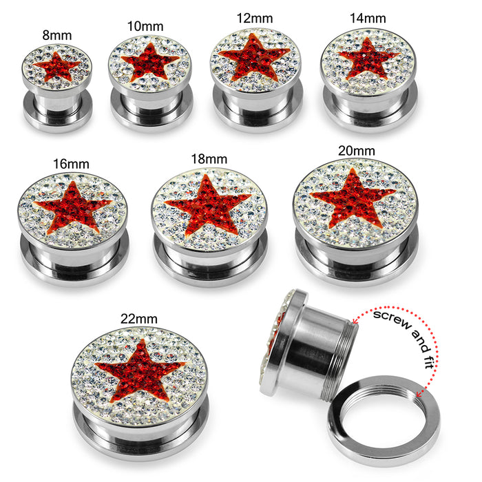 316L surgical steel Red Star on Clear Background CZ Jewelled Tunnel