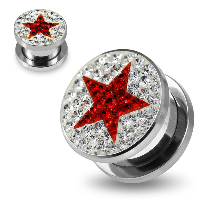 316L surgical steel Red Star on Clear Background CZ Jewelled Tunnel