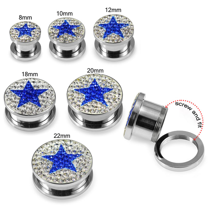 316L surgical steel Dark Blue Star on Clear Background CZ Jewelled Tunnel