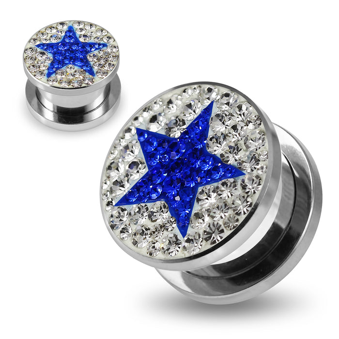 316L surgical steel Dark Blue Star on Clear Background CZ Jewelled Tunnel