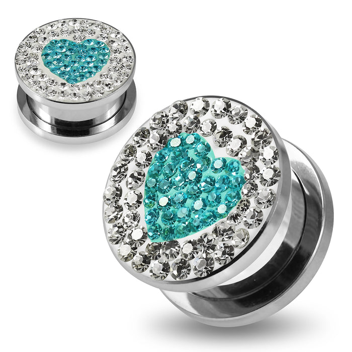 316L surgical steel Aqua Heart on Clear Background CZ Jewelled Tunnel