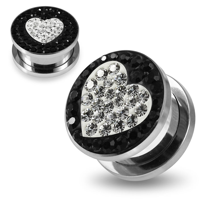 316L surgical steel White Heart on Black Background CZ Jewelled Ear Tunnel