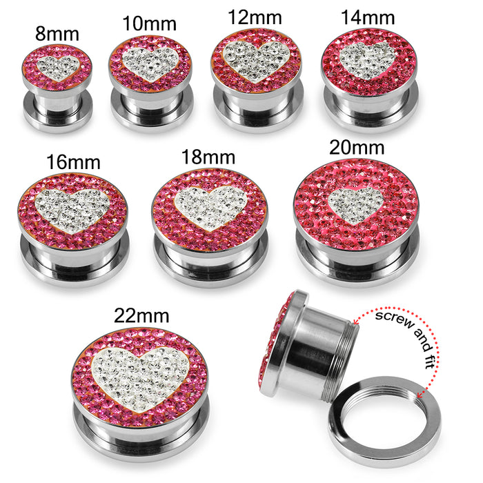 316L surgical steel Clear Heart on Pink Background CZ Jewelled Ear Tunnel