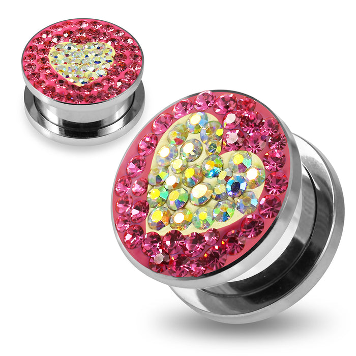 316L surgical steel Aurora Borealis Heart on Pink Background CZ Jewelled Ear Tunnel