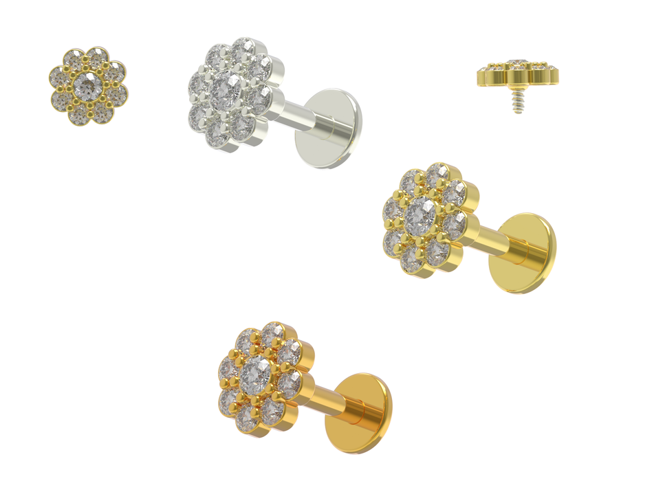 316L Surgical Steel Floral Multi CZ JewelIed Internally Threaded Flat-Back Stud - Monster Piercing