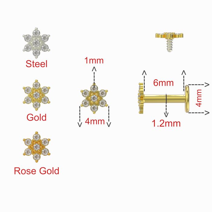 316L Surgical Steel Multi CZ Jewelled Daffodils Internally Threaded Flat-Back Stud