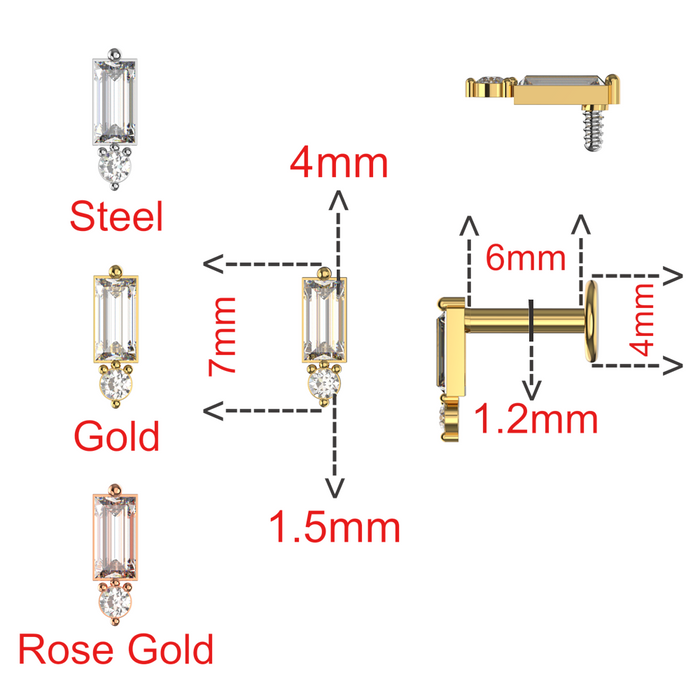 316L Surgical Steel CZ Rectangle Internally Threaded Flat-Back Stud - Monster Piercing