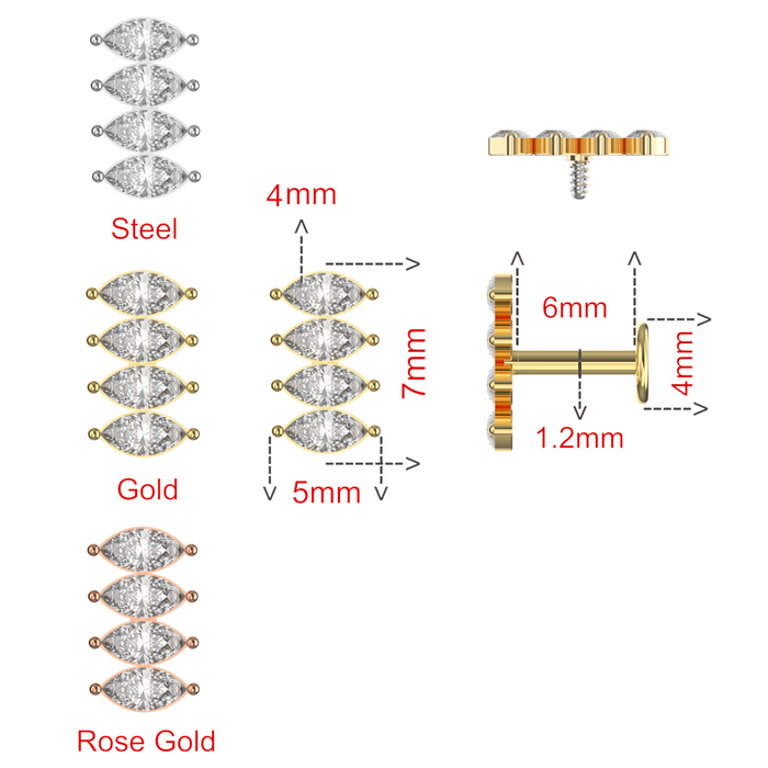 316L Surgical Steel CZ Jewelled Multi-Marquise Flat-Back Stud