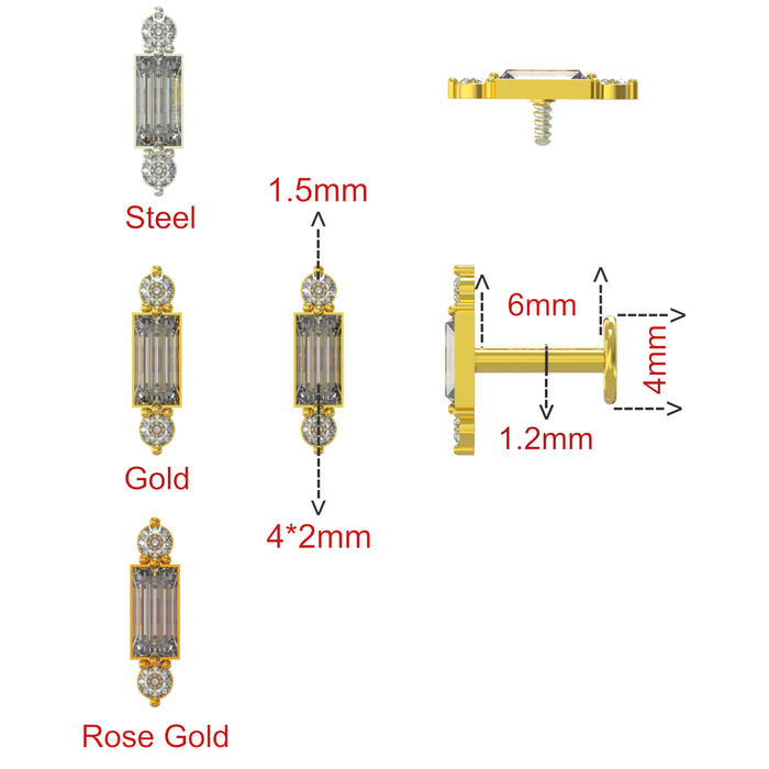 316L Surgical Steel Simple Baguette CZ Jewelled Internally Threaded Flat-Back Stud