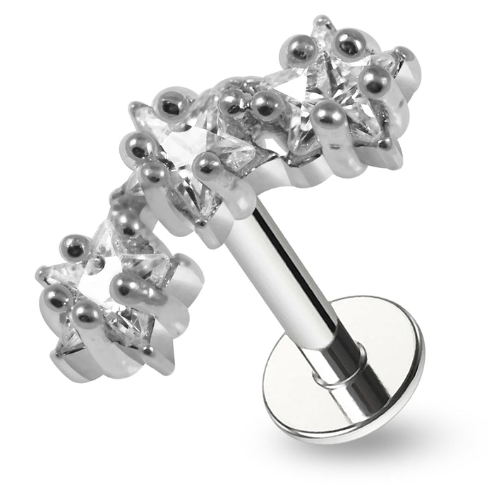 316L Surgical Steel Triple Star CZ Jewelled Flat-Back Stud