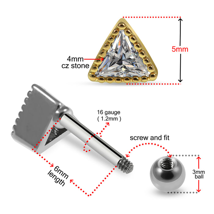 316L Surgical Steel Triangle Cut Cubic Zirconia Jewelled Ear Jewellery