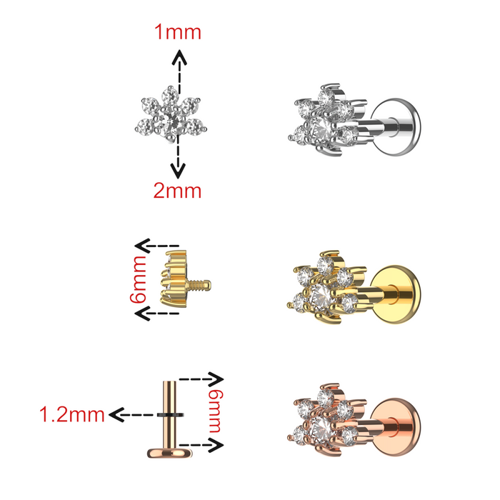 G23 Grade Titanium CZ Jewelled Half Flower Internally Threaded Flat-Back Stud