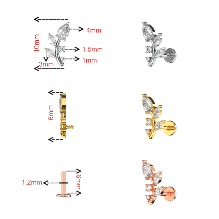 316L Surgical Steel Marquise and Round CZ Jewelled Floral Leaf Flat-Back Stud