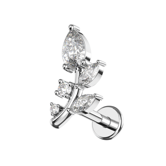 316L Surgical Steel Marquise and Round CZ Jewelled Floral Leaf Flat-Back Stud