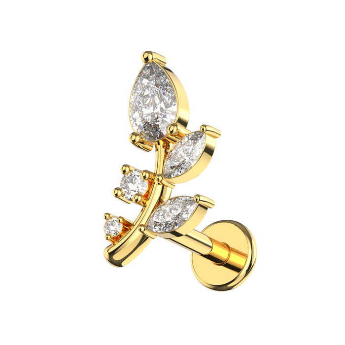 316L Surgical Steel Marquise and Round CZ Jewelled Floral Leaf Flat-Back Stud