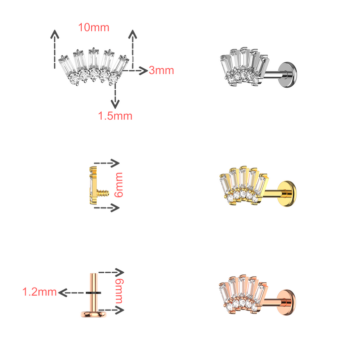 316L Surgical Steel Baguette and Round CZ Jewelled Crown Flat-Back Stud