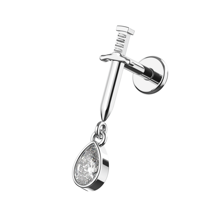 316L Surgical Steel Sword with Dangling CZ Tear Drop Flat-Back Stud