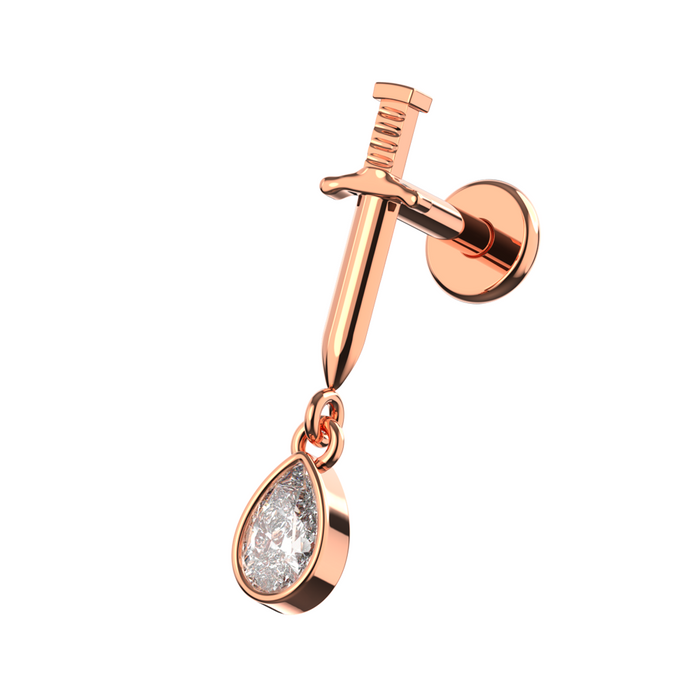 316L Surgical Steel Sword with Dangling CZ Tear Drop Flat-Back Stud