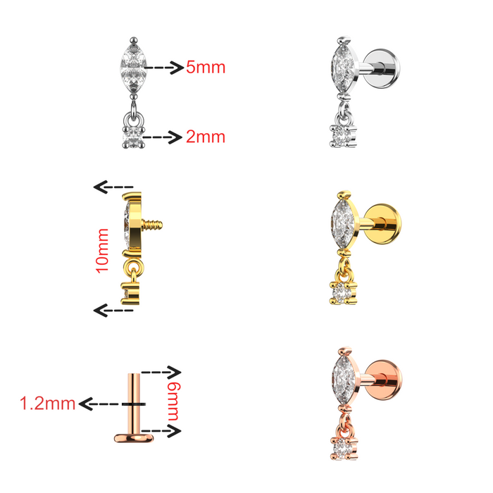 316L Surgical Steel CZ Marquise Dangling Flat-Back Stud