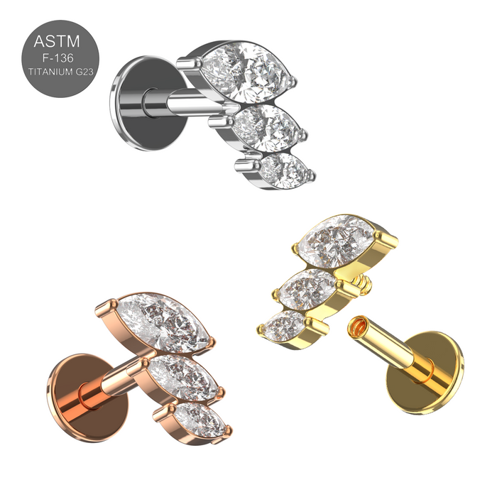 G23 Grade Titanium Triple Marquise CZ Jewelled Internally Threaded Flat-Back Stud