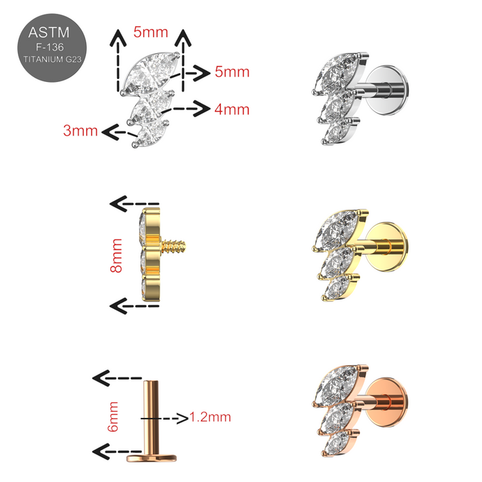 G23 Grade Titanium Triple Marquise CZ Jewelled Internally Threaded Flat-Back Stud