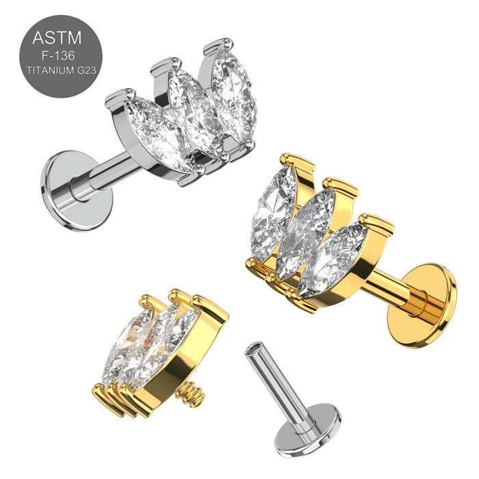 G23 Grade Titanium Triple Marquise CZ Jewelled Internally Threaded Flat-Back Stud