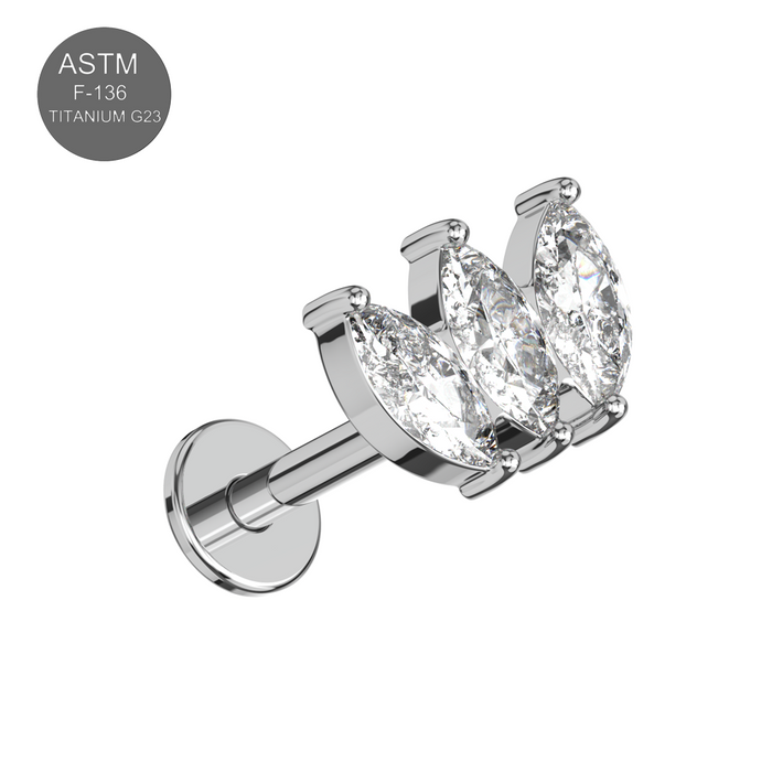 G23 Grade Titanium Triple Marquise CZ Jewelled Internally Threaded Flat-Back Stud