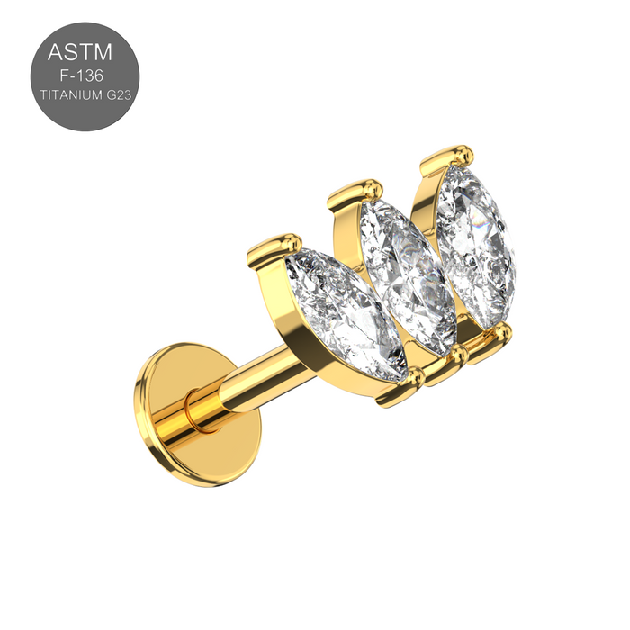 G23 Grade Titanium Triple Marquise CZ Jewelled Internally Threaded Flat-Back Stud