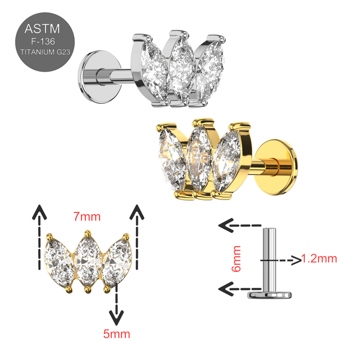 G23 Grade Titanium Triple Marquise CZ Jewelled Internally Threaded Flat-Back Stud