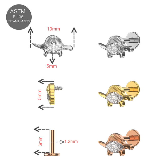 G23 Grade Titanium Marquise CZ Jewelled Stegosaurus Internally Threaded Flat-Back Stud