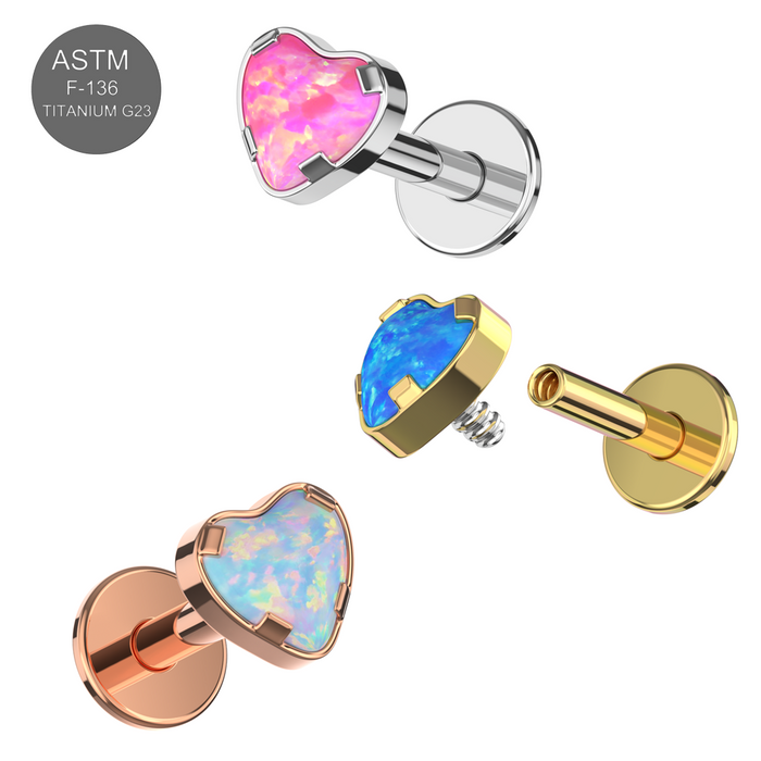 G23 Grade Titanium Heart Opal Jewelled Internally Threaded Flat-Back Stud