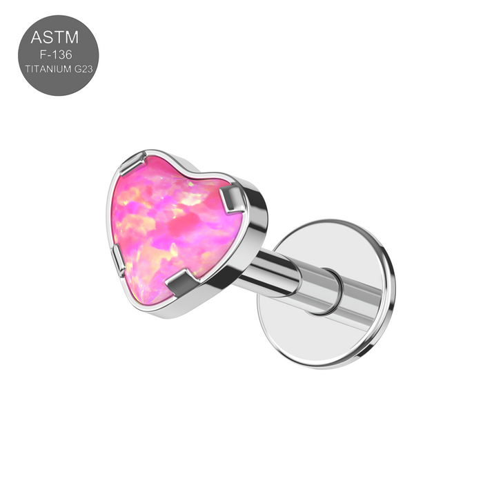 G23 Grade Titanium Heart Opal Jewelled Internally Threaded Flat-Back Stud