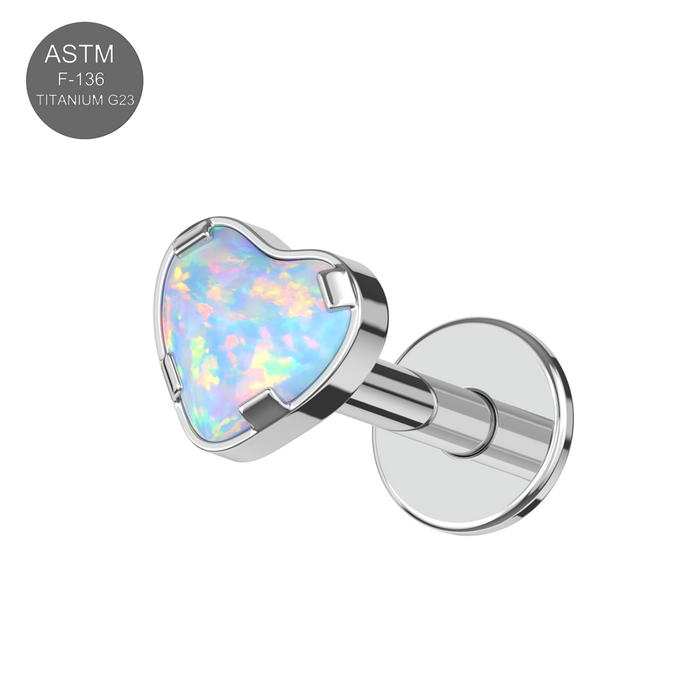 G23 Grade Titanium Heart Opal Jewelled Internally Threaded Flat-Back Stud