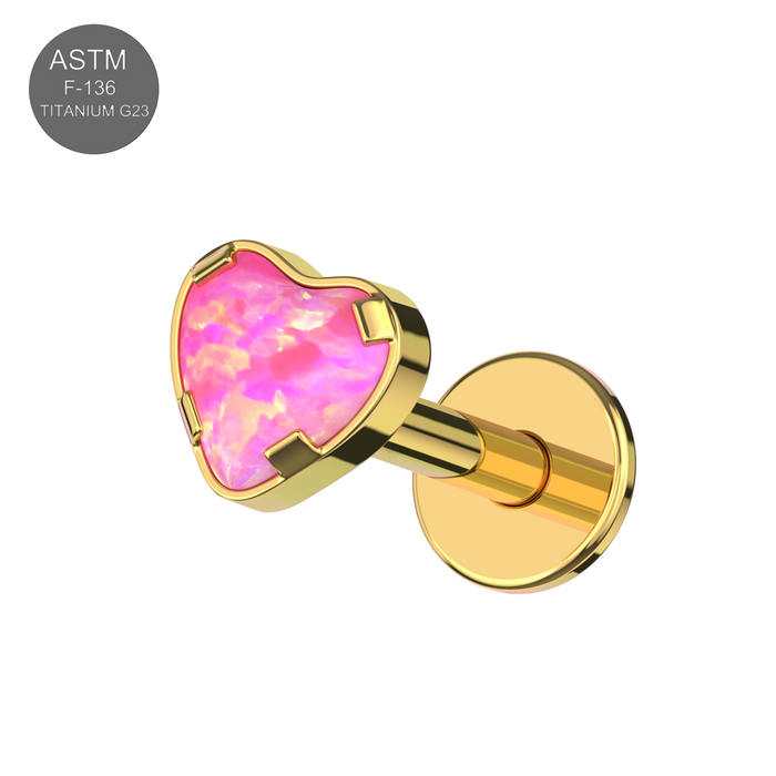 G23 Grade Titanium Heart Opal Jewelled Internally Threaded Flat-Back Stud