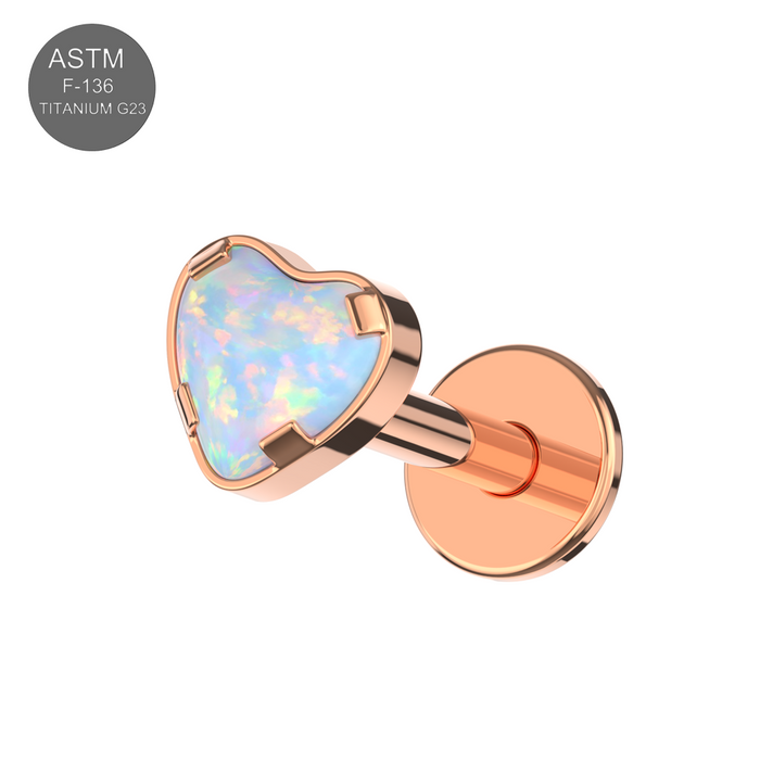 G23 Grade Titanium Heart Opal Jewelled Internally Threaded Flat-Back Stud