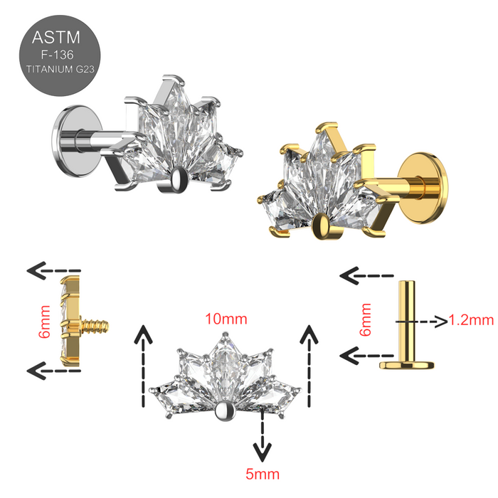 G23 Grade Titanium CZ Jewelled Scaevola Half Flower Internally Threaded Flat-Back Stud