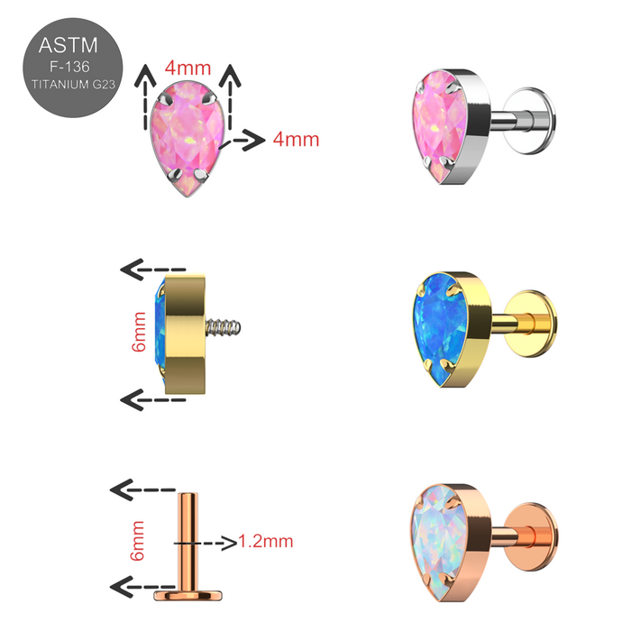 G23 Grade Titanium Tear Drop Opal Jewelled Internally Threaded Flat-Back Stud