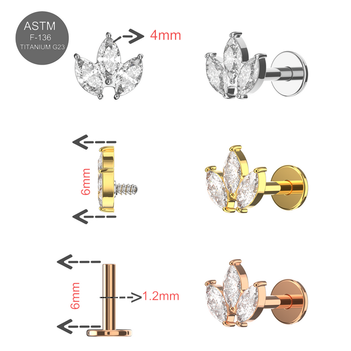 G23 Grade Titanium Marquise CZ Jeweled Leaf Set Internally Threaded Flat-Back Stud