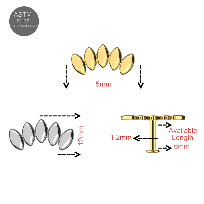 G23 Grade Titanium 3D Marquise Leaf Internally Threaded Flat-Back Stud