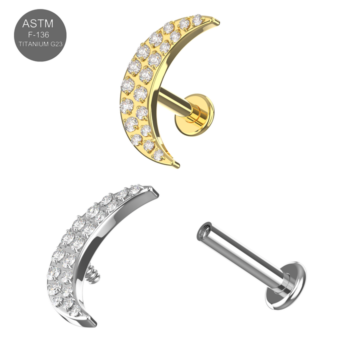 G23 Grade Titanium CZ Jewelled Crescent Internally Threaded Flat-Back Stud