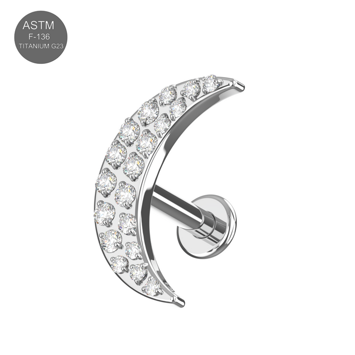 G23 Grade Titanium CZ Jewelled Crescent Internally Threaded Flat-Back Stud